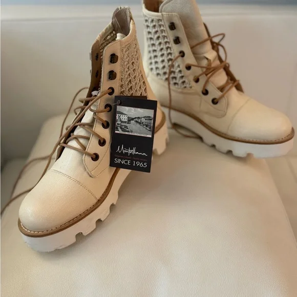 Montelliana Cream Lace-Up Combat Boots - Picture 1 of 5